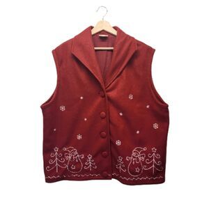 Winter Red Fleece Vest with Embroidered Snowmen Snowflakes Holiday Size XXL